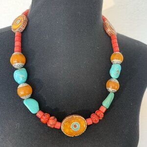 STATEMENT necklace large Amber Coral Turquoise 23 inches long Silver clasp WOW!